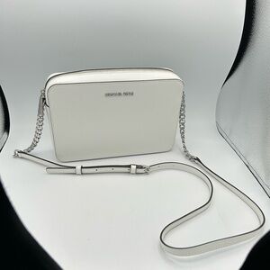 Michael Kors Purse White Jet set Crossbody Bag with Silver Chain